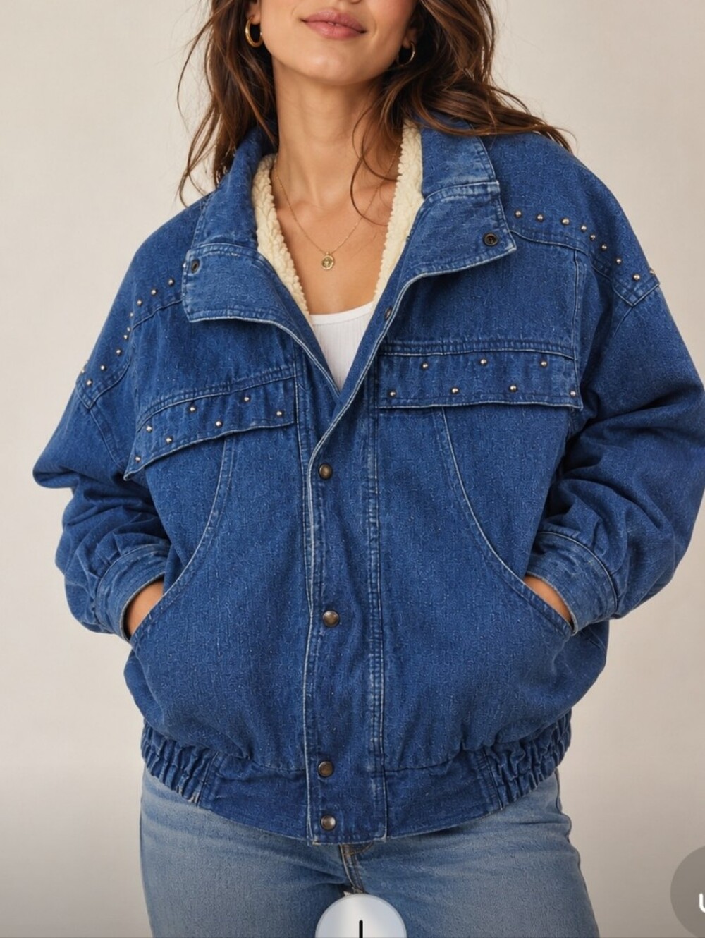 Columbia Blue Denim Jacket with Cream Sherpa Collar and Stud Accents